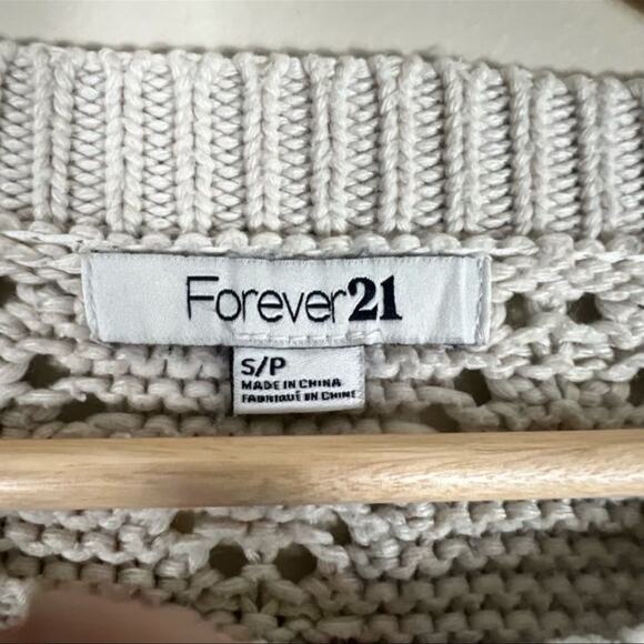 Forever 21 Open Knit Sweater Womens M Cream Cropped Diamond Boho Coastal Cowgirl - Picture 4 of 4